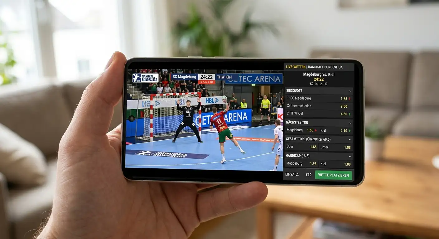 Bet365 Live Stream Handball Bundesliga Spiel mit In-Play Wettmärkten auf dem Smartphone