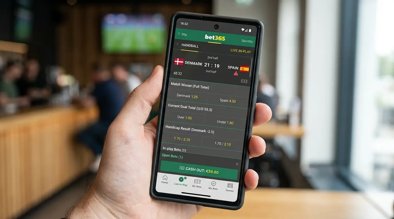 Bet365 mobile App mit Handball Live Wetten und Cash-Out Funktion für HBL-Spiele