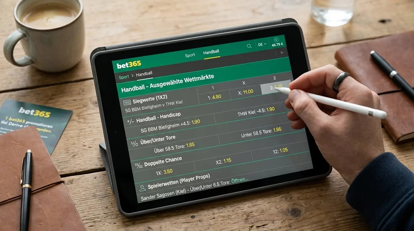 Bet365 Handball Wettmarktauswahl mit Handicap, Über/Unter und Spieler-Spezialwetten für HBL-Spiele