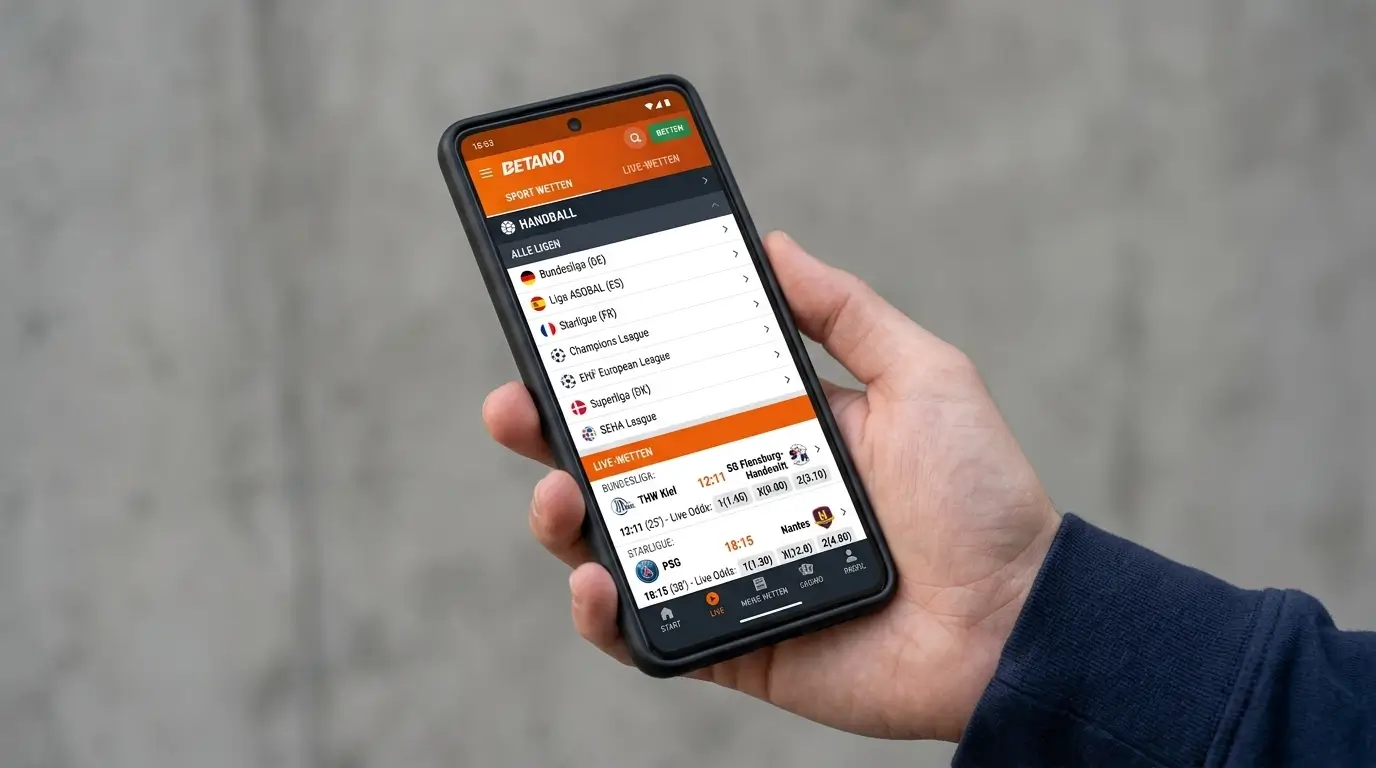 Betano mobile App für Handball-Wetten mit Zugang zu 41 Ligen und Live-Wetten-Funktion