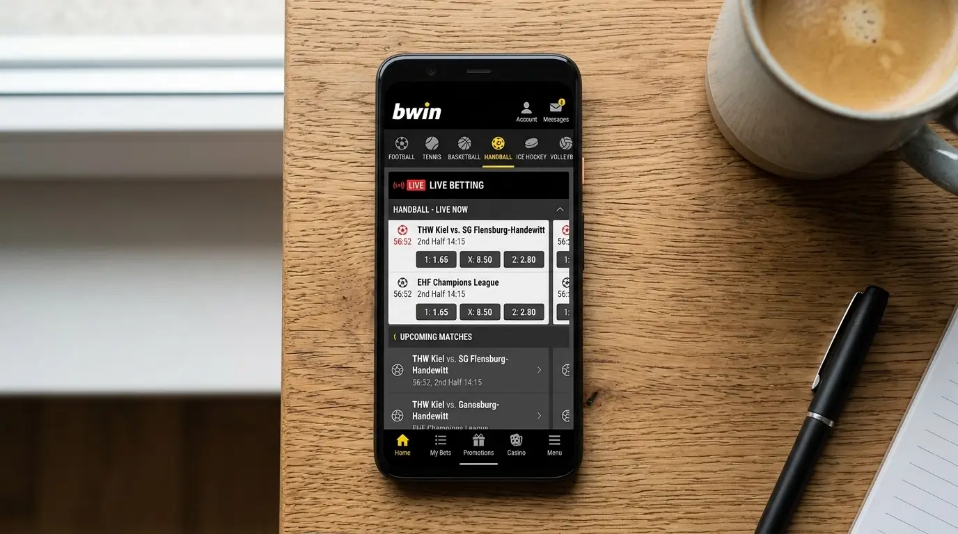 bwin App Navigation und Benutzeroberfläche für Handball Live-Wetten auf Smartphone