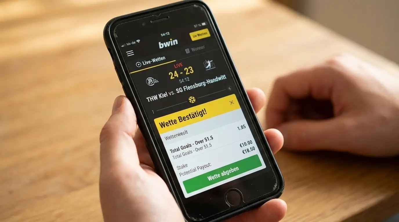 bwin mobile Handball Live-Wetten Interface mit Echtzeit-Quoten und Streaming-Integration