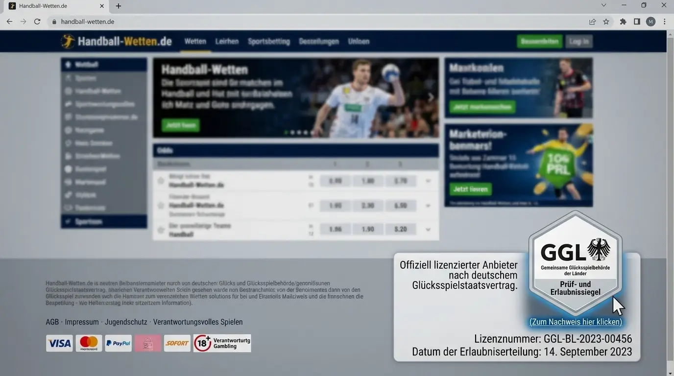 GGL Prüf- und Erlaubnissiegel auf Handball-Wettanbieter-Website mit Verifizierungslink
