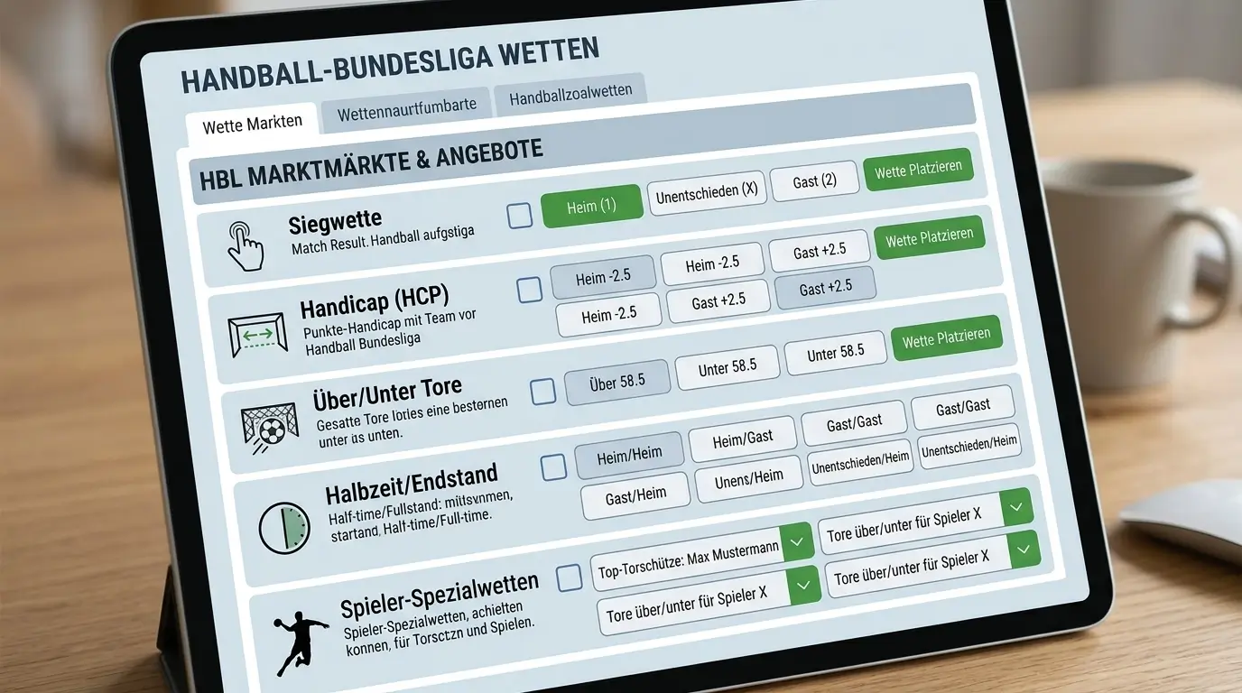 HBL Wettmärkte Übersicht mit Handicap, Über/Unter und Spieler-Spezialwetten bei deutschen Buchmachers