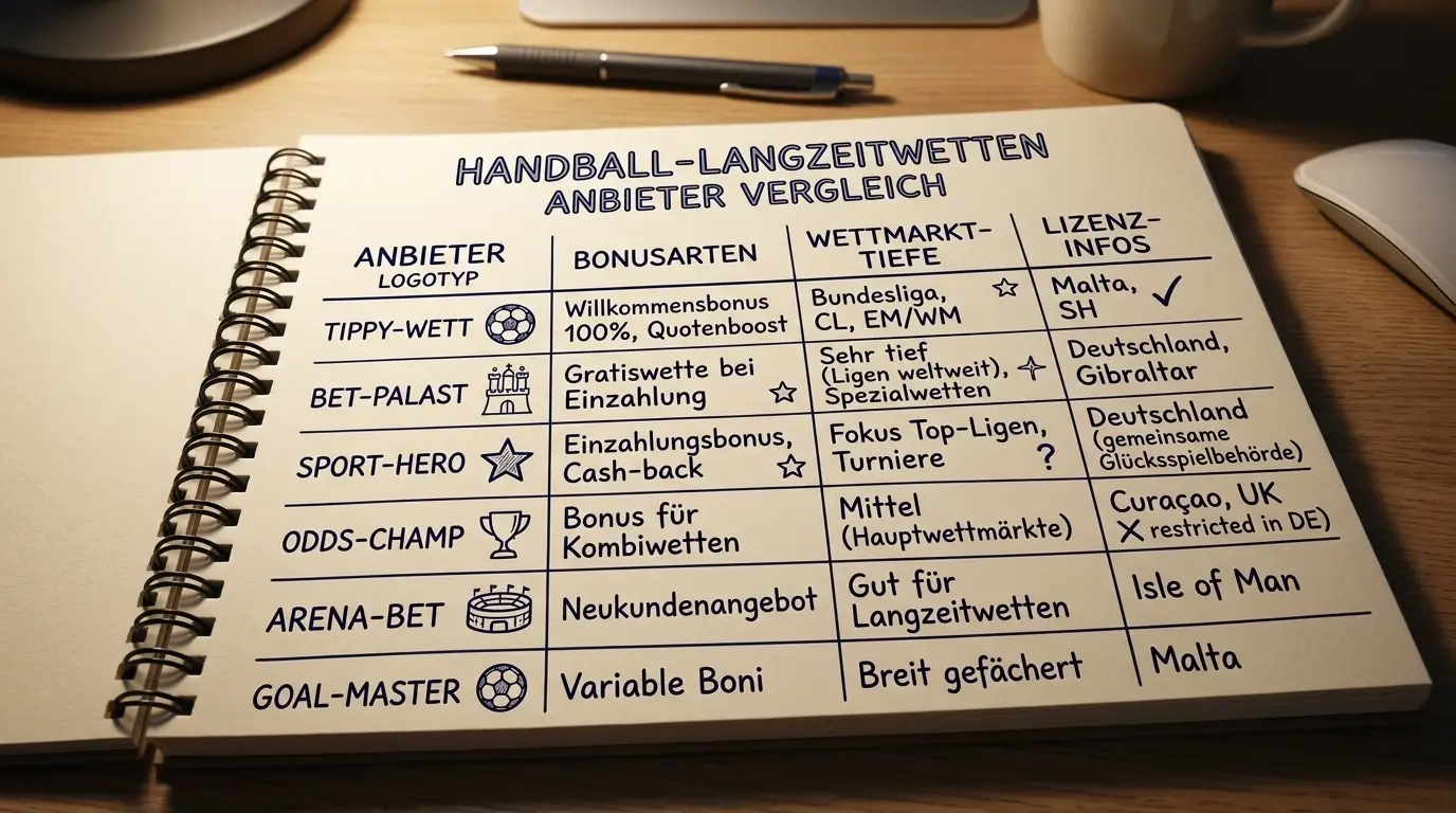 Vergleich der besten Anbieter für Handball Langzeitwetten: Betano, Interwetten und weitere GGL-lizenzierte Buchmacher