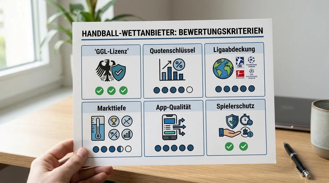 Handball Wettanbieter Bewertungskriterien — GGL-Lizenz, Quotenschlüssel, Ligaabdeckung und Markttiefe im Vergleich