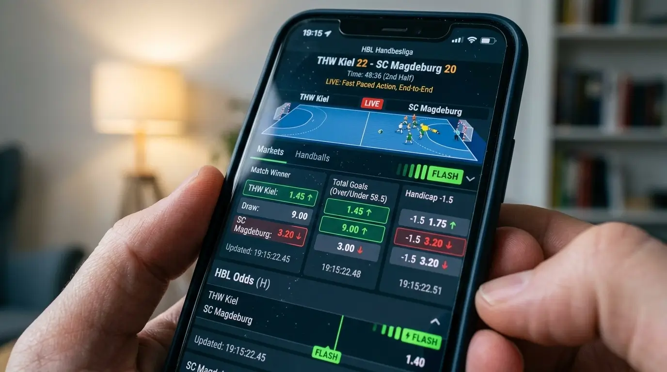 Handball Live-Wetten App-Geschwindigkeitstest mit Quotenaktualisierung während HBL-Spielen