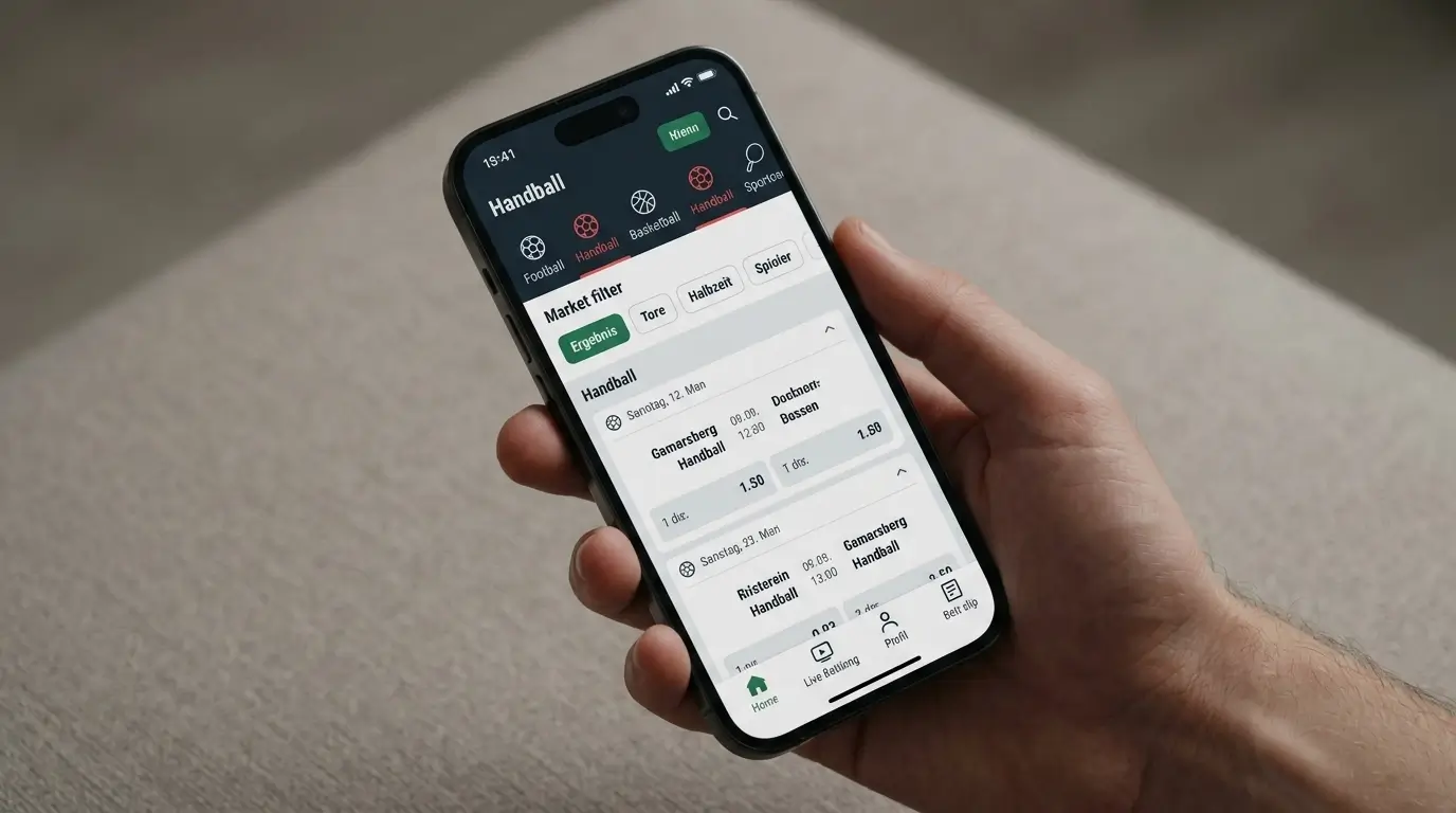 Benutzeroberfläche einer Handball-Wetten-App mit übersichtlicher Marktnavigation und Filteroptionen
