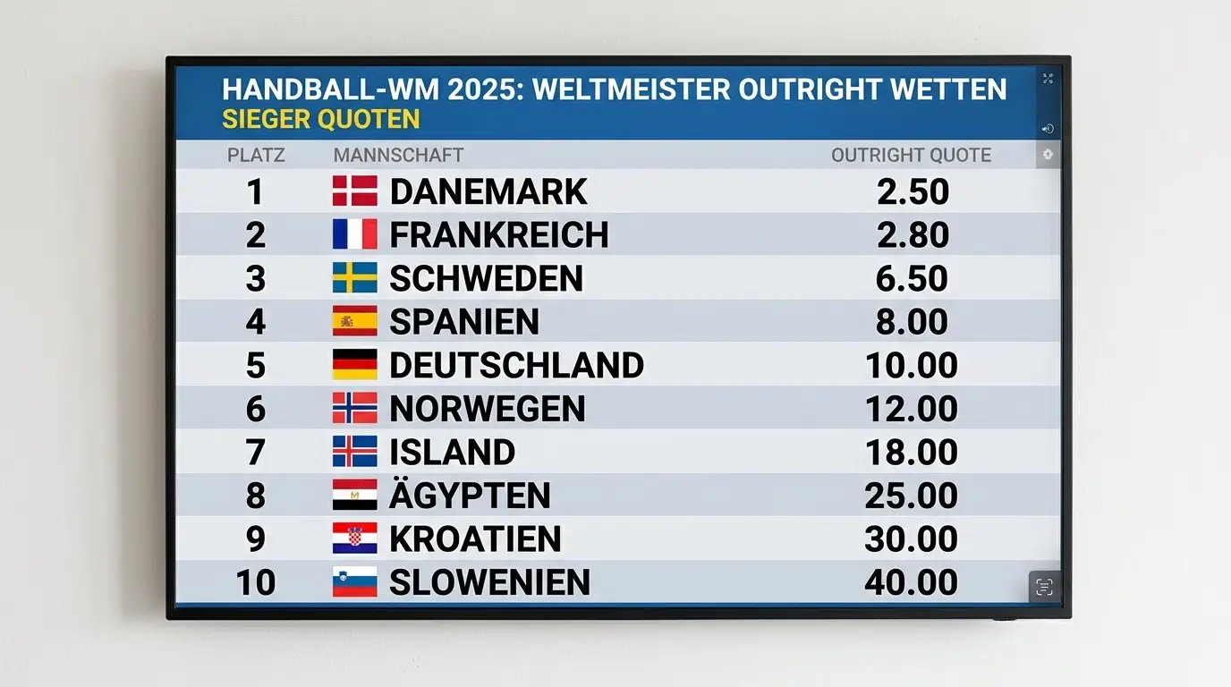 Handball WM Outright Wette auf den Weltmeister mit Langzeitwetten-Quotenentwicklung im Turnierverlauf