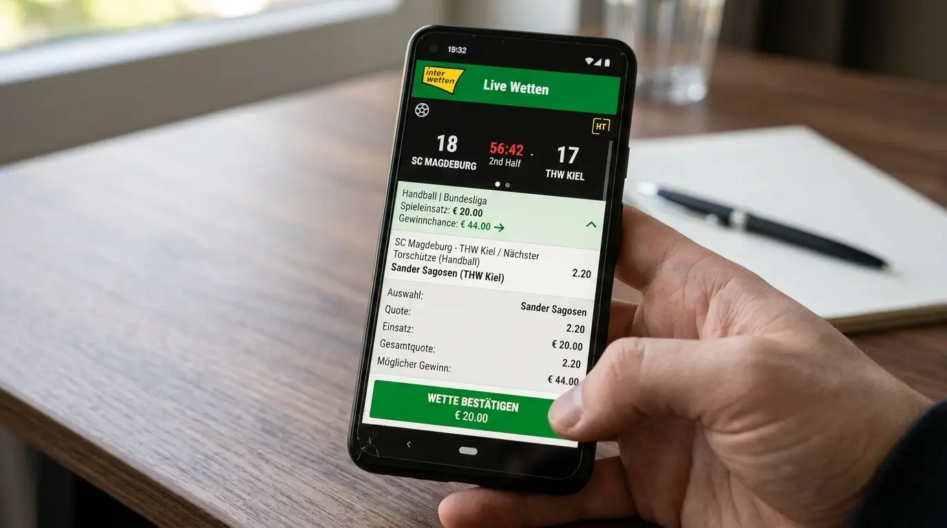 Interwetten mobile Wettoberfläche für Handball Live-Wetten mit Echtzeit-Quoten