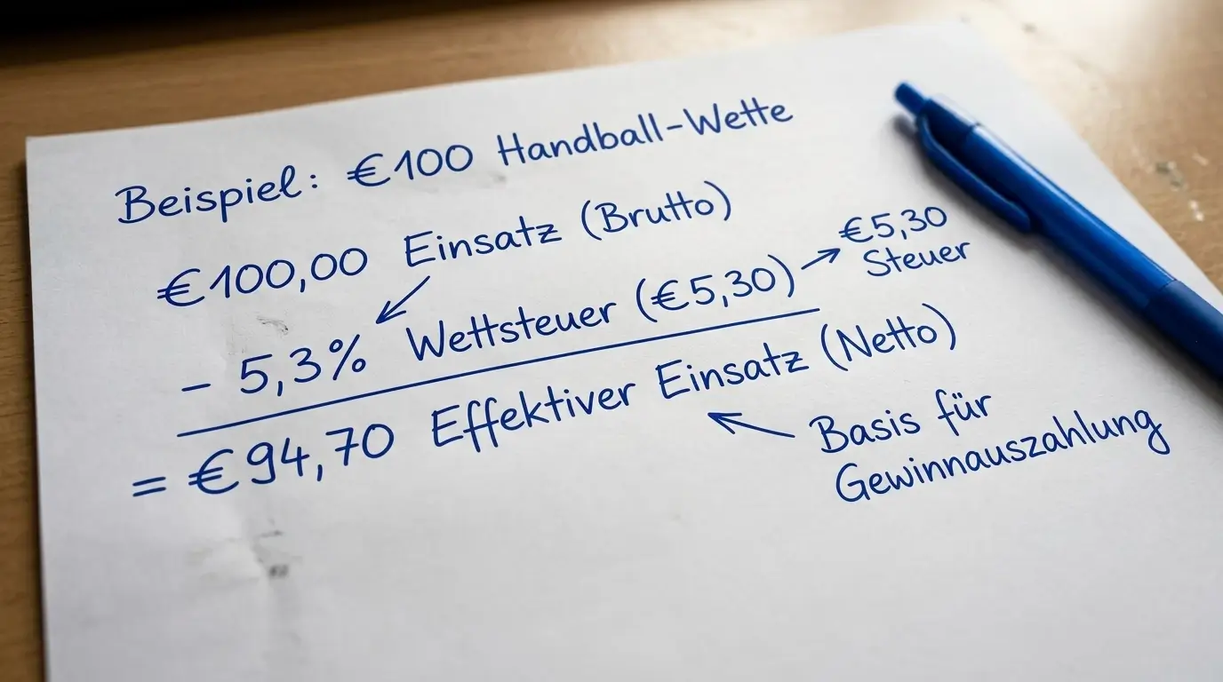 Berechnung der 5,3-Prozent-Wettsteuer auf Handball-Einsätze mit konkretem Rechenbeispiel